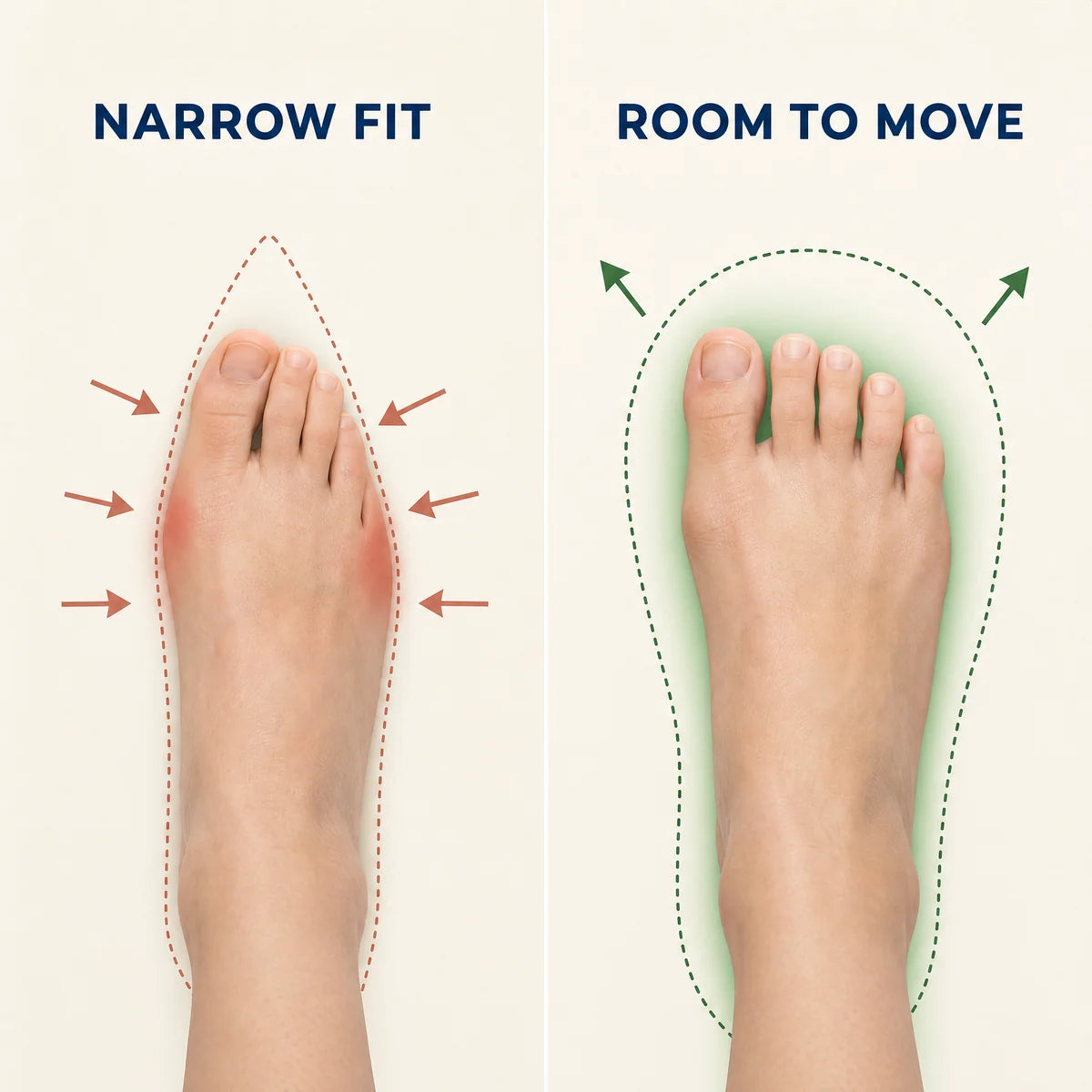 Illustration comparing two different shoe fits from above