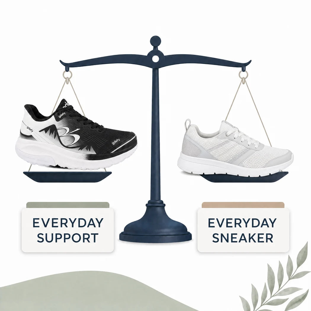 Illustrative side-by-side comparison of the MightyWalk Ombre Slip-On with an unbranded everyday walking sneaker